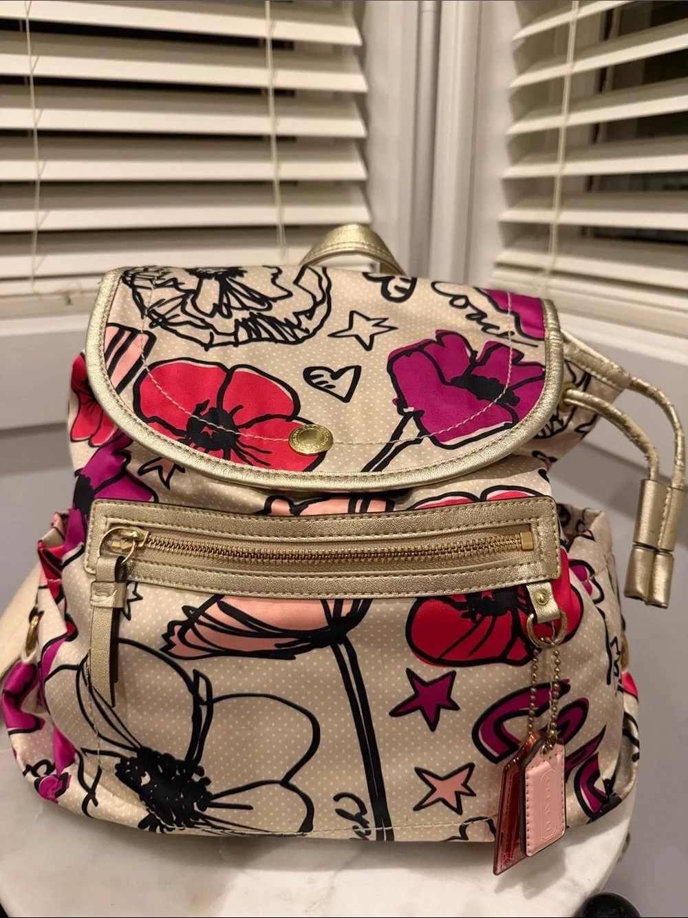 coach floral graffiti backpack Court With Print Charlie Backpack In Tea Rose Floral Print Nylon (Coach F57635)Silverblack Multidetailsprinted Nyloninside Zip And Multifunction Pocketszip Coach | Bags | Coach
